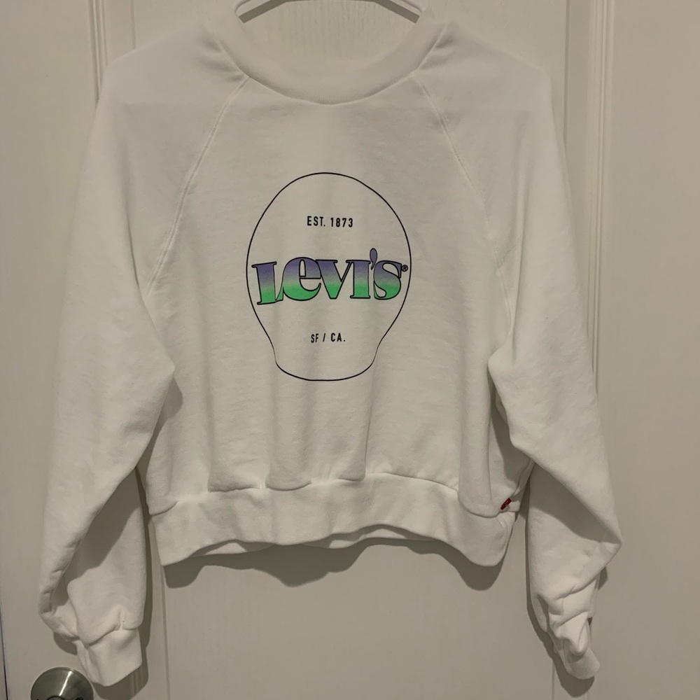 Levi’s Women’s Medium White Cropped Sweatshirt Bright Pullover Casual Crewneck